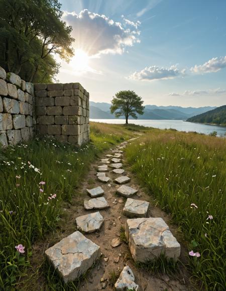 <lora:MW_Roma02betaxl:1> Foreground (bottom center-right):
A narrow dirt path winds through patches of scattered flat stones, leading toward the middle of the scene. On either side of the path, wild grass and delicate white and pink flowers bloom among small rocks. A cracked stone cube sits slightly off the path, appearing like a worn pedestal or foundation fragment.
Foreground (far right):
The edge of a massive stone wall made of large, square-cut weathered limestone blocks rises vertically. Some blocks are fractured or missing corners, and tufts of grass grow atop the upper edge. A dark entrance or alcove is partially hidden in shadow, adding an element of mystery.
Midground (center):
The dirt path continues through lush green grass, leading toward a gentle slope that meets a tranquil lake or river. Trees with slender trunks and light green foliage flank both sides of the scene, casting soft shadows and framing the view.
Background (center to left):
Across the water lies a distant line of forested hills, softly illuminated by sunlight. Beyond them, mountains rise in the haze, their silhouettes faint but majestic.
Sky and Atmosphere (top half):
A vivid blue sky stretches overhead, scattered with fluffy white clouds. The sunlight is warm but soft, suggesting late morning or early afternoon, casting gentle highlights and creating a peaceful, natural atmosphere.