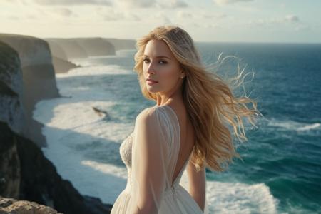 cinematic film still masterpiece,4k,beautiful woman with long blonde hair stands on top of a cliff over the ocean,huge waves are crashing against the cliff,the sky is cloudy with rays of sunlight coming through,dramatic scene,wearing a flowing white dress that blows in the wind,hair and dress blowing in the wind,from below,wide shot, . shallow depth of field, vignette, highly detailed, high budget, bokeh, cinemascope, moody, epic, gorgeous, film grain, grainy