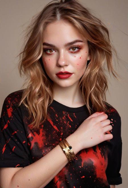 An image of a poised young woman with fair skin and warm undertones. Her facial features are defined by expertly applied makeup, with full lips and large hazel eyes highlighted with eyeliner and mascara. Her eyebrows are neatly shaped, adding to her expressive gaze. Her chestnut hair falls in loose waves. She wears a black shirt with a bold red paint splatter pattern, lending an artistic vibe to her look. A gold cuff bracelet adorns her wrist, complementing her shirt. The ambiance reflects a blend of casual elegance and a modern artistic touch.