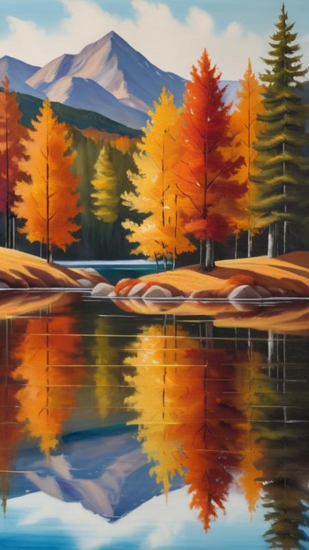 A meticulously rendered oil painting of a serene mountain lake in autumn, showcasing the rich, warm hues of the deciduous trees mirrored in the still, glass-like water.