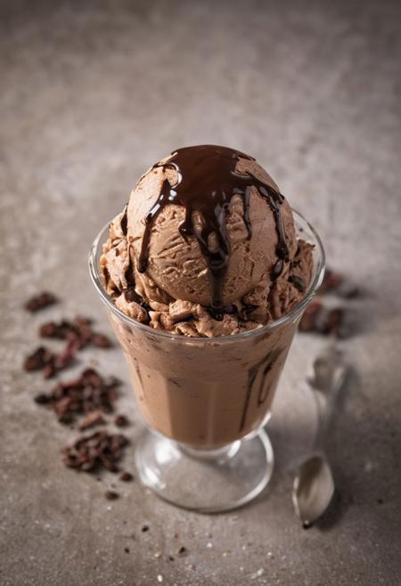 RAW photo, chocolate stout ice cream, hot summer day, food photo, DSLR, cocoa nibs and a drizzle of stout syrup garnish, soft lighting, high quality, film grain, Fujifilm XT