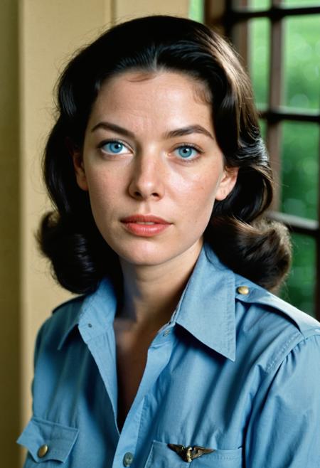 A spectacularly beautiful ((age 20)) woman with black hair, ((pale skin)), she has dark-grey eyes, she chic perfect face that is a ( fav=ce ofmix of Lauren Bacall and ingrid Bergman and Grace Kelly), sexy pose, ((Wearing a blue military shirt, with a buttoned up collar and blue necktie)) perfect eyes, detailed eyes, detailed iris, realistic skin texture, ((absolute perfect tits, soft tits, natural tits)), low light, soft natural light, Rembrandt style light, Hasselblad DLSR camera, 200mm Zeiss lens, f/2.8is wearing a blue WAAF shirt and tie, in a hotel in the French Rivierra