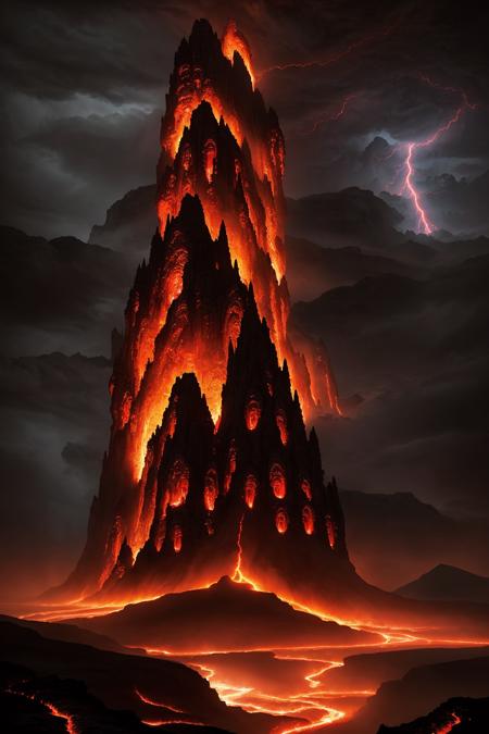 colossal black citadel floating in the sky, surrounded by lightning storms and flaming rocks, jagged gothic spires piercing the clouds, glowing red lava rivers flowing through sky cracks below, winged demon guards flying around, distant view of a doomed world beneath, epic high-fantasy concept art style, ultra-realistic textures and lighting, cinematic widescreen