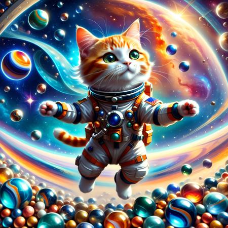 ethereal fantasy concept art of  <lora:Marbles_World_r1:1> a cat playing with marbles in a space station, cat is wearing a cute astronaut suit, floating in zero gravity, colorful marbles floating,  <lora:Meowpocalypse:0.7> meowpocalypse, no humans, cat, beautiful space . magnificent, celestial, ethereal, painterly, epic, majestic, magical, fantasy art, cover art, dreamy