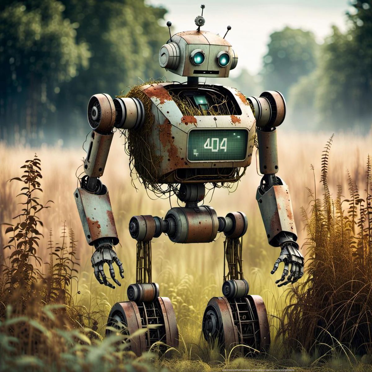 A robot with the number 404 on the front standing in the grass.