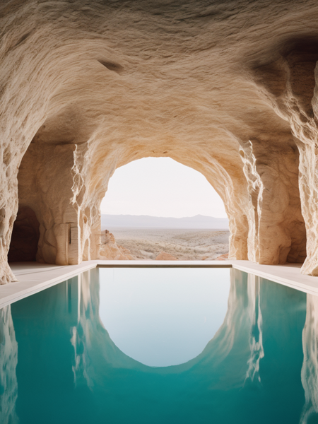 award winning interior photo, photograph, ultra photorealistic, photorealism, film still of inside a modern white spacious (swimming-pool inside a smooth stone cave:1.25), smooth shading, desert, daylight, bright colors, hyper realistic, modern, surreal, lights, minimalistic studio architecture, behance, halation, bloom, dramatic atmosphere, rule of thirds, 8k uhd, dslr, high quality, film grain, Fuji Superia X-TRA 400