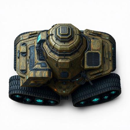((top view)), (tank),
Wide and flat tank with an arched dorsal spine and side-mounted armor slabs.
Chassis: Regenerative plating arranged in layered hex cells. Vines of nano-cabling crisscross beneath the surface.
Tracks: Wide dual treads with spore-filter grills covering each tread module.
Details: Bio-gel sacs protrude along side armor; side compartments vent steam during overclocked regen.
Lights: Blue-green capillaries shimmer under armor. Thin halos radiate from under tread housings.