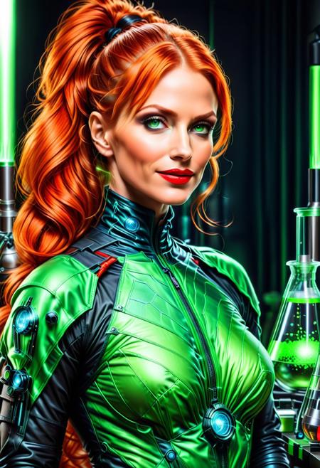 Necron, electricity, green glow, green theme, (red:1.6), (close up:1.6), Stable_Yogis_PDXL_Positives, (Victorian blouse), Realism_Quality_2xx_By_Stable_Yogi, (anatomically correct:1.6), photo, photo_realistic, 1girl, mature_woman, European, 27 years old, parted_lips, choker, seductive smile, sultry, serious stare, stern look, close-up, eye shadow, makeup, milf, mature female, pureerosface_v1, Expressiveh, intricate_details_xl, natural skin, realistic, hands out of view, red lipstick, makeup, Influencers Deluxe_Lara_Lang, long ponytail, streaked hair, Orange hair, black streaks in her hair, long side bangs, black highlights in bangs, thick lips, mega ponytail, big hair, tall, natural blue eyes, high neck closure, fitness body, toned muscles, high cheekbones, solo, (fully dressed:2), high turtle neck, outdoors, (hands hidden:1.7), short sleeves, closed dress, high neck closure, gentle smile, closed mouth, short puffy sleeves, (laboratory:2), big fluffy hair in all directions, add-detail-xl.