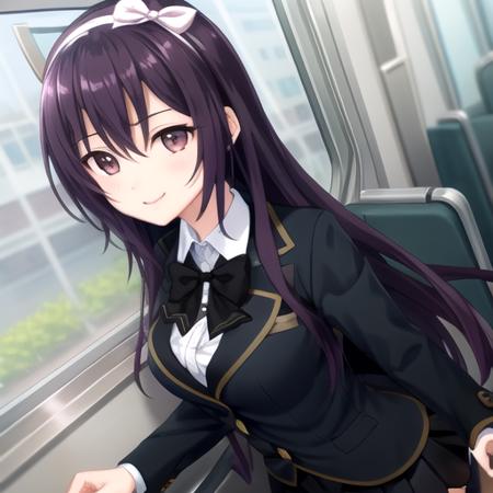 ((masterpiece)),(best quality),official art,extremely detailed CG,unity 8k wallpaper,ultra detailed,train interior,1girl,solo,upper body,(portrait:1.2),looking at viewer,very long hair,hair between eyes,large breasts,white shirt,collared shirt,dress shirt,black skirt,miniskirt,pleated skirt,zettai ryouiki,smile,black jacket,school uniform,purple hair,hairband,brown eyes,hair bow,black bow,black bowtie,black thighhighs,loafers,long sleeves,bangs,<lora:Amase Manami(cur)>,