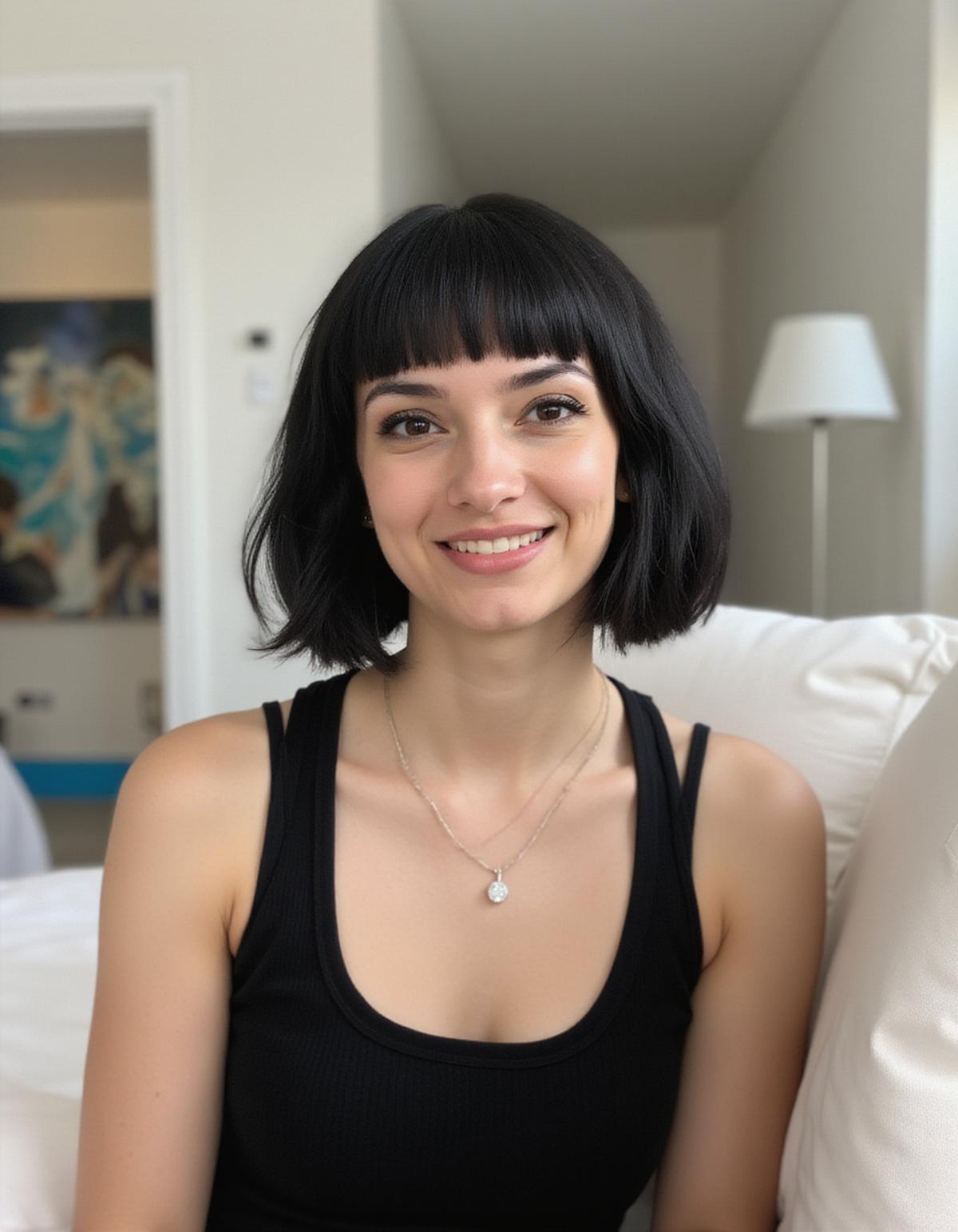  Young woman in black tank top, black bob haircut, dark eye makeup, smiling, sitting on couch, white walls, black tank top with necklace, sleeveless, personal space, bed, painting, lamp, soft shadows, artistic touch, comfortable environment, unique style, candid moment, 