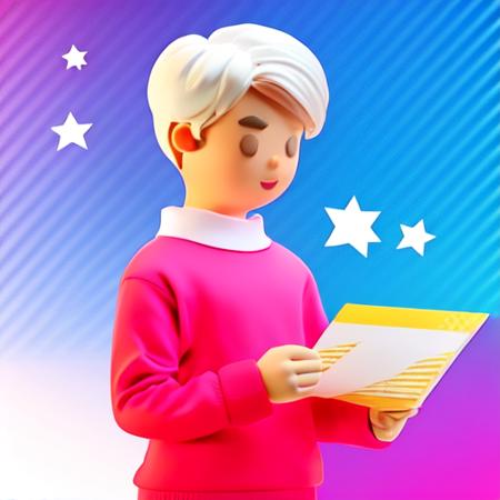 1 man, shopping chart, gradient background, sweater, gradient, pink sweater, white background, short hair, star (symbol) <lora:3dillu(1):1>