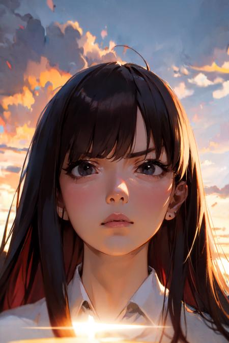 detailed face, perfect face, portrait, serious, sunset, outdoors, long hair, bangs, black eyes, <lora:PulenKompot-Hitomi-T-v2-urpmv1.3:1> hitomi-t