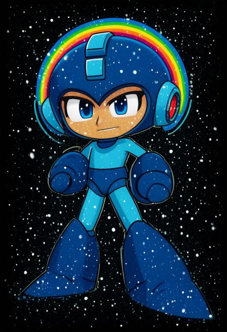 Megaman, proud face, dynamic pose, in the style of golden glitched rainbow. Snow is falling as holographic colored baroque geometric patterns float around the canvas in the style of colorful digital art. The image has a cyberpunk aesthetic with a glitchy distortion and psychedelic color palette. Black background, neon lights, glitch art, surrealism, high contrast, vibrant colors, psychedelic patterns, ethereal glow. The overall mood should be one of spiritual contemplation and otherworldly beauty. It's like something in the style of science fiction.Rockmegamen, Cartoony, cartoony, By Anonanim