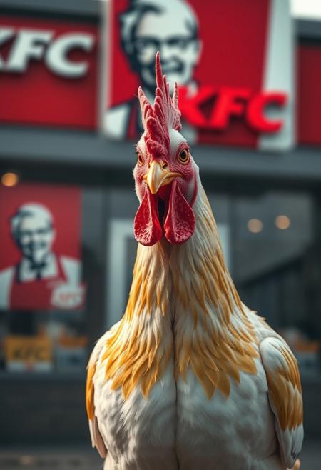 “A realistic, detailed chicken standing confidently in front of a KFC restaurant. The chicken has bright feathers, a sharp gaze, and a proud stance as if aware of its surroundings. The KFC logo is visible in the background, slightly blurred for depth. The scene is captured in a cinematic style with balanced lighting, slightly warm tones, and a shallow depth of field. The image should have high detail in the feathers and a slightly humorous undertone, emphasizing the irony of the setting.”