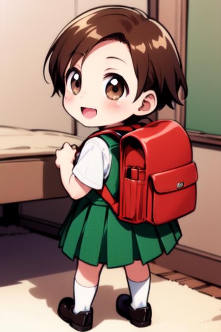 <lora:rokujoumugi:0.8>rokujoumugi, 1girl, solo, backpack, brown hair, bag, brown eyes, short hair, chibi, school uniform, skirt, randoseru, blush, looking back, from behind, full body, room,
smile, open mouth,
masterpiece, high quality, very_high_resolution, large_filesize, full color,