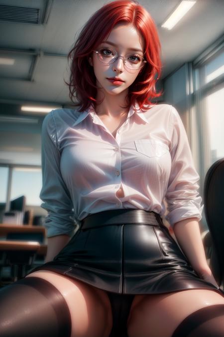 pov, (realistic, photo-realistic:1.2), face sitting, 1girl, in an office outfit, office lady, professional, boss like, stockings, short tight skirt, red hair, short hair, looking disappointed, glasses, hand adjusting glasses, (RAW photo, best quality),  (Masterpiece), 8k, best quality, ultra-detailed , full body, cinematic lighting,  <lora:more_details:0.7>,  <lora:fashigirl-v5.4-lora-64dim-naivae-5ep:0.4>,  <lora:povFacesitting:0.7>