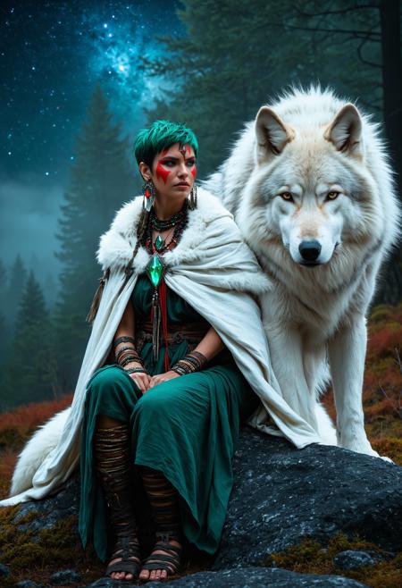 tribal warrior woman, sitting on a rock, short green hair, red war paint on cheeks, mature face, serious expression, large bone earrings, sleeveless olive-green tunic, thick white fur cloak with wolf hood, red-tipped wolf ears, glowing crystal pendant, giant white wolf behind her, protective, night sky full of stars, misty forest background, vivid colors, saturated lighting, rich color palette, glowing accents, semi-realistic, highly detailed, masterpiece, very aesthetic, dramatic cinematic lighting, fantasy atmosphere, sharp focus, rugged textures, natural materials