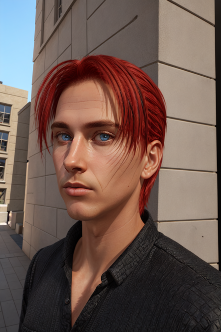 Highly detailed RAW color Photo, dynamic lighting, light bokeh, tanned skin, tan, Charlie Pe'kova, 1boy, male focus, mature male, solo, looking at viewer, short hair, blue eyes, shirt, red hair, building, extremely detailed, (highly detailed, hyperdetailed, intricate), ((DAY TIME)), (lens flare:0.7), (bloom:0.7),raytracing, detailed eyes, detailed face,  <lora:Charlie:0.7> Best_QualityPos Earth-QualityPos