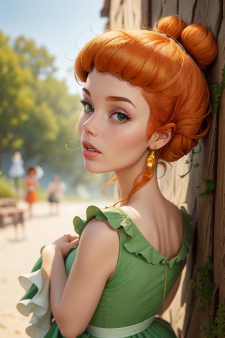 1 girl, Agecanonix, orange hair, single bun, green dress