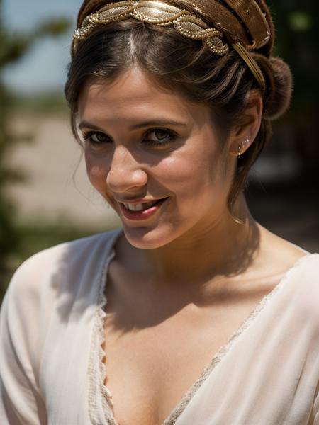 A beautiful c4rr13f,1girl, solo, breasts, looking at viewer, smile, large breasts, black hair, cleavage, brown eyes, upper body, hair bun, grin, lips, traditional media, single hair bun, realistic
,soft lighting, professional Photography, Photorealistic, detailed, RAW, analog, sharp focus, 8k, HD, high quality, masterpiece<lora:c4rr13f:1.0>