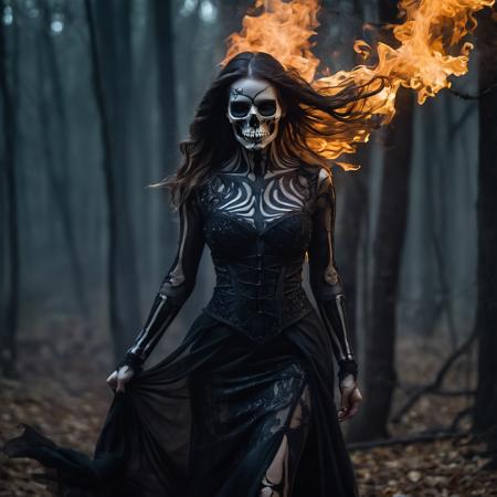 The Skeleton young Witch disappeariing in flames, flying, epoxy_skull, amidst a black swirling vortex in a dark, mystical forest. A beautiful woman with long hair stands, her figure draped in skeletal armor and an ethereal dress, engulfed by the swirling darkness. The scene is intensely cinematic, dominated by deep shadows pierced by subtle hints of light, crafting a dramatic interplay of darkness and luminescence. Wind, intensified to 1.2, weaves through the trees, enhancing her enigmatic silhouette, now surrounded by black smoke and the eye of a storm. Close-up on her sad expression, amidst sparkling embers and a billowing long piece of cloth, with a faint (intensity:0.5) hint of a Skeleton mask,