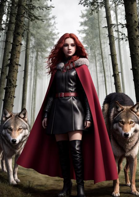 Ultra Realistic, young teen girl, pink skin tones, looking at viewer, scared, natural skin texture, realistic eye and face details, full lips, lipstick, red eyeshadow, red hair, fluffy long hair, little smile, wearing a black and red cloak, beautiful legs, slim, standing, surrounded by a pack of wolves, A dark and forbidding forest, filled with dangerous creatures and many wolves, UHD, 8K, extremely detailed, photography, photorealism, natural light, masterpiece, best quality, amazing, intricate, highly detailed, sharp focus, cinematic,