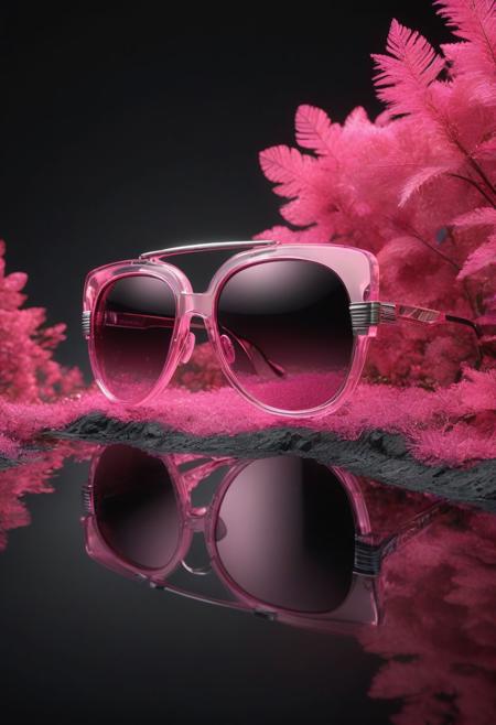 (best quality, 8K, high resolution, masterpiece), ultra detailed, (3D CGI), a beautiful pair of sunglasses, trendy, fashionable, pink, silver and black , on a black background, countryside advertising, winning photo,