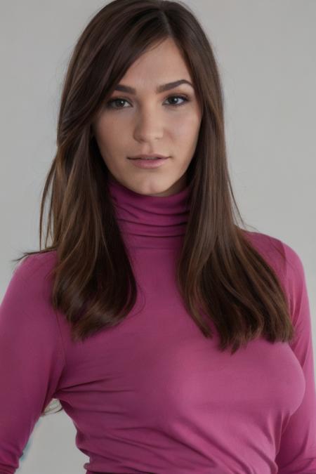 Photo of h0llym1ch43l5 woman, detailed face, pink turtleneck blouse