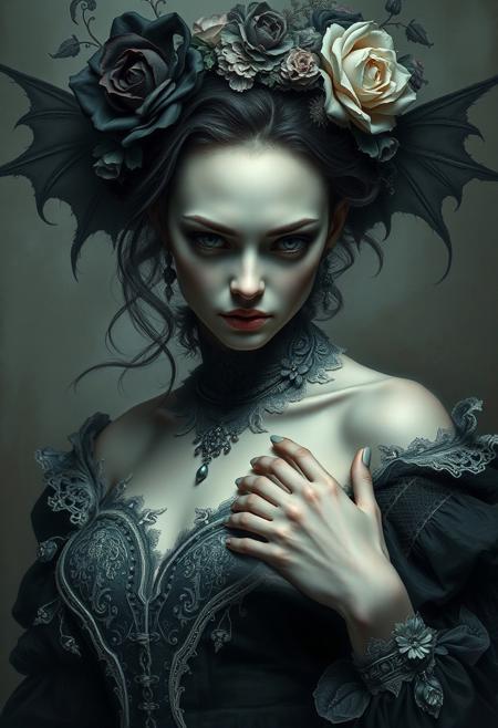 A mysterious, otherworldly figure, 
hauntingly elegant Rococo portrait, supernatural gothic beauty, soft painterly realism, eerie fantasy elements, muted cool color palette, intricate lace and silk textures, melancholic and mysterious expression, dreamlike supernatural atmosphere