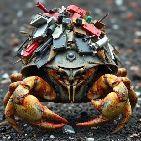 A front view of a giant hermit crab on top of its shell is an hapazard piled assortment of items including metal junk, plastic junk, and textile junk, the back of the hermit crab has pile of garbage full of metal items and refuse. The hermit crab has a dynamic pose and looks ready to fight the viewer