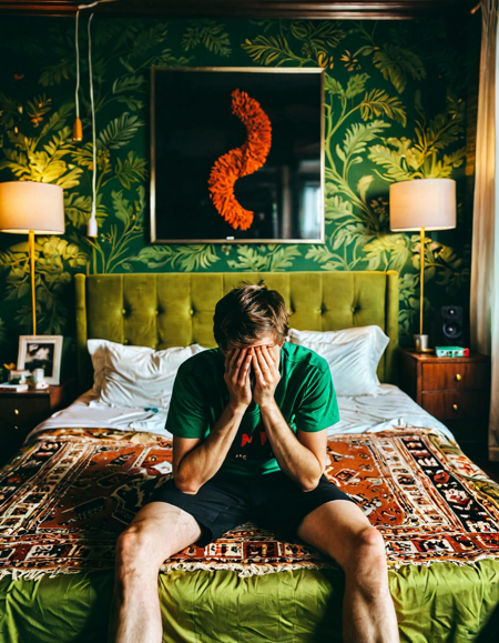 masterpiece, best quality,
a young man sitting on the edge of a bed, face buried in hands, he appears exhausted, 
m4x1m4l, indoors, bedroom, day, window, table, bed, green walls, door, lamp, carpet, rug, wallpaper (object), tv, crt, games, game console, posters, loaded interior
<lora:maximalism-m4x1m4l-indoors-SDXL-v1:1>, 
RAW candid cinema, 16mm, color graded portra 400 film, remarkable color, ultra realistic, textured skin, remarkable detailed pupils, realistic dull skin noise, visible skin detail, skin fuzz, dry skin, shot with cinematic camera