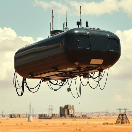 ultra high resolution, masterpiece, best quality, small featureless glossy black  spacecraft hovering low to the ground, underneath the spacecraft are cables hoses and wires, antennas on top, cables hanging from below, rectangular in shape, futuristic world, post apocalyptic landscape, ((low concrete buildings:1.3)) anti gravity, in the atmosphere, sky, clouds, ground visible, hovering, dry, ((dusty)), bleak landscape, parched, orange light, sunlight, square shapes, bleached colors, scattered destroyed industrial buildings, powerlines and towers