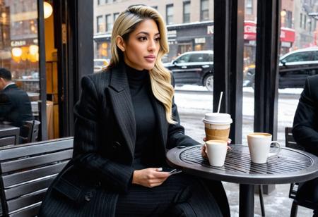 Woman (((Katie Johnson))) Dark hair with bleached blonde ombre effect with long dark roots showing hair in ponytail Indian woman wearing black wool overcoat over charcoal gray pinstripe business suit and pants with black blouse sitting at outdoor cafe getting coffee in Manhattan during snowstorm