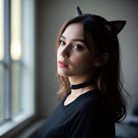 (analog photo:1.1), (a punk catgirl:1.15), (cat ears:1.1), brown short curly hair, (black t-shirt:1.15), (20 years old, young:1.2), petite, (pubic hair:1.1), choker, cream eyeliner, european, cozy bedroom, (neon glow, cyberpunk:1.2), waves, warm colors, (inviting expression:1.05), RAW Photograph, dslr, soft lighting, high quality, film grain, Fujifilm XT3, (nsfw:1.1), insane details, masterpiece, 8k, 35mm photograph, dslr, kodachrome, vignette, vintage, Kodachrome, Lomography, stained, highly detailed, found footage