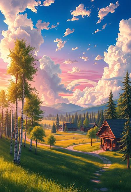 anime art, makoto shinkai style, (forests and fields and valleys:1.5), (sky-high view), sunset,  madness in the sky, birch and fir trees against colorful sky and bright clouds, green and yellow grass, cinematic quality, beautiful colors, high detail, in the distance is a village with wooden log one-storey houses, traditional old houses, houses is decorated with wood carvings and lace, pedestrian paths, semi-realism,