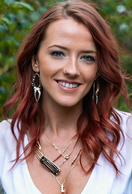 (super-high resolution), (intricate detail), (highest quality), nsfw, brtny woman, white blouse necklace, earrings, bangles, glossy lips, eyeliner, BREAK, professional modelling photography, high quality camera, skim blemishes, smile, red hair<lora:LowRA:0.3>