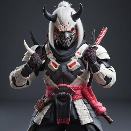 Yarnworld, A realistic Samurai holding a Squeaking Hammer Pounding Toy made of yarn, solo, armor made of yarn, 1boy, male focus, holding, dual wielding, samurai, helmet made of fruit loops, toy, horns, holding Toy, japanese armor made of yarn, holding hammer, light pink skin, red eyes, full body, fighting stance, Tokio background, tokio made of yarn, glowing, glowing eyes, sheath, standing, gloves, teeth, japanese clothes, white hair, shoulder armor, demon, looking at viewer, mask made of yarn, ponytail, fangs, sharp teeth, yarn shape armor