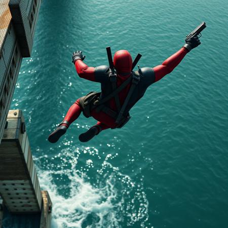 Deadpool is jumping from a bridge in a sea, red third person oponion, super focus on male, superrealistic, in his right hand he has a gun, deadpool is diving into the water, you see his back