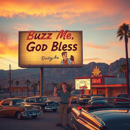 A vintage 1950s Las Vegas scene at sunset, featuring a large retro billboard beside a classic drive-in theater. The billboard is styled with bold, hand-painted lettering and neon lights, displaying the phrase: "Buzz Me, God Bless" in a heartfelt, eye-catching design. Below the text is an illustration of a smiling man in humble clothing, waving gently. The drive-in is filled with classic cars—Chevys, Buicks, and convertibles—with a warm nostalgic glow from neon signs, palm trees, and desert mountains in the background. The overall tone is cinematic, nostalgic, and slightly surreal.