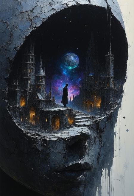 Painterly dark fantasy illustration, style of Brom and Zdzisław Beksiński. Medium close-up: A figure fused from cracked porcelain doll fragments and rusted clockwork gears, hunched posture, gazes intently into a shimmering obsidian orb glowing with internal nebula-like light. Within the orb, a sharp, miniature vision: a sprawling cityscape meticulously constructed from iridescent, shifting beetle wings. Dramatic moonlight casts stark highlights on cracked porcelain and corroded metal, contrasting deep abyssal shadows. Visible, textured brushstrokes. Swirling chromatic dust motes obscure the background. Atmosphere of detached fascination, impossible construction, dreamlike logic.