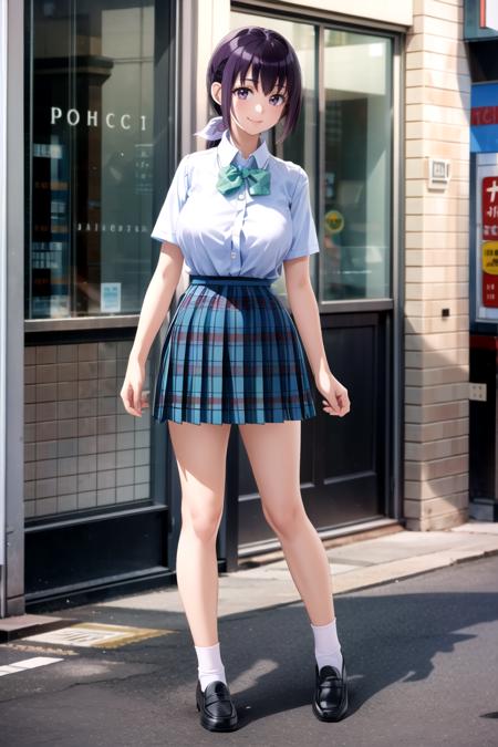 suwwer_schooluniform (bow, school uniform, white shirt, short sleeves, pleated skirt, collared shirt, black footwear, plaid, plaid skirt, white socks, loafers, shirt tucked in, green bowtie)