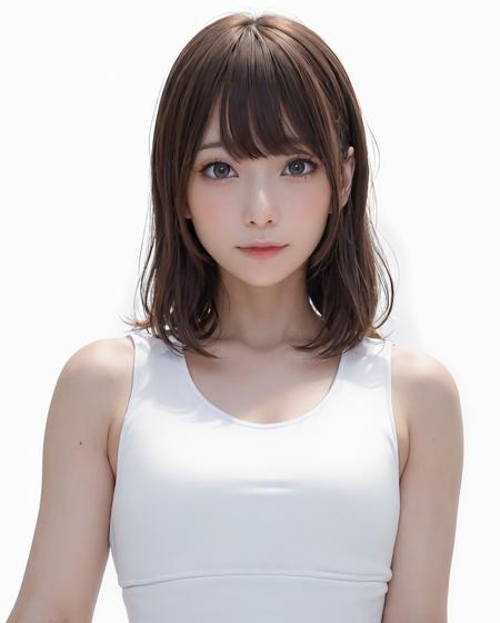 best quality, photorealistic, 8k, high res, 1girl, woman, (skindentation), (portrait:0.6), gorgeous, ((whitebackground, sport tanktop, small breast:1.65)), (long brown hair, parted bangs:1.4), looking at viewer,  (1girl eyes looking at viewer:1.6), photorealistic, (bokeh), (closed mouth, smile:1.3), gorgeous, pureerosface_v1:1, <lora:grav-sakimi:0.45>