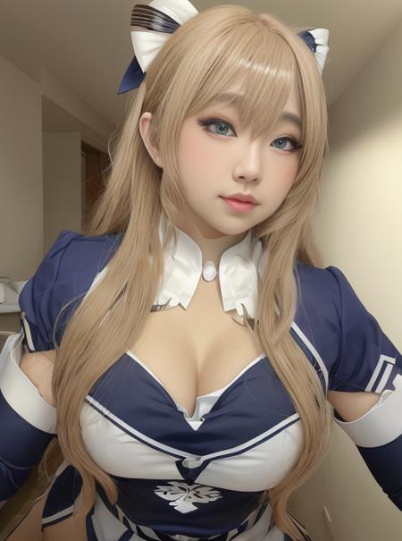 Tsikyo woman wearing a cheerleading uniform, brown eyes, dark blonde hair, hyper realistic, 4k, masterpiece, beautiful, facing the viewer, headshot, ((white skin)), cleavage