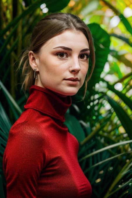 a stunning young woman in a stunning red turtleneck dress, in a jungle paradise, cinematic lighting, (stunning eyes, extreme close up), perfect face, no makeup, raw, 8k uhd, <lora:emilyVanCamp:1>