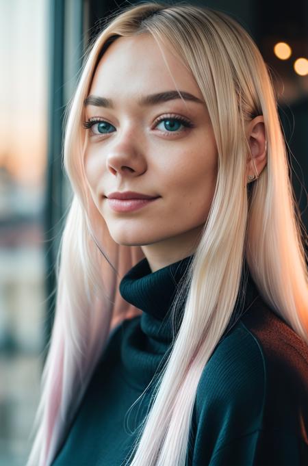 detailed and realistic portrait of beautiful (Alice01-100), sexy, 25yo, blonde_hair, blue_eyes, long_hair, closed_mouth, lips, smile, jewelry, wearing a black sweater turtleneck, looking_at_viewer, shot outside, soft natural lighting, portrait photography, magical photography, dramatic lighting, photo realism, ultra-detailed, intimate portrait composition, Leica 50mm, f1. 4,  <lora:add_detail:0.2>