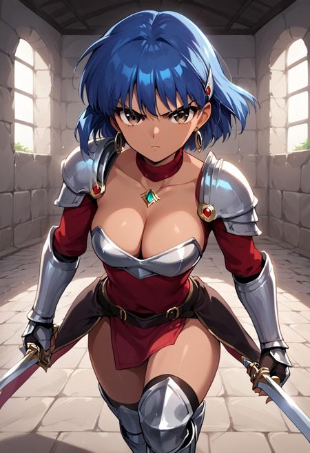 Epo, 1girl, blue hair, bangs, brown eyes, short cut, dark-skinned female, large breasts swords, weapon,leather armor,shoulder armor, jewelry, earrings, cleavage