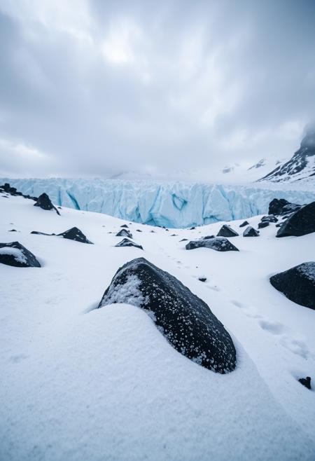 Flurries of tiny snowflakes skip quickly along the powdery surface of the
drifts of snow behind the black rocks that jut out here and there in this
otherwise stark landscape.  The ground below is covered mostly in old snow
that has become granular and compacted through the  process of melting and
refreezing as the seasons change.  The glacier glows an eery blue from deep
within its icy heart. There seems to be a path that leads to a encampment
concealed behind some large snowdrifts.
 The sky is overcast with dark clouds.