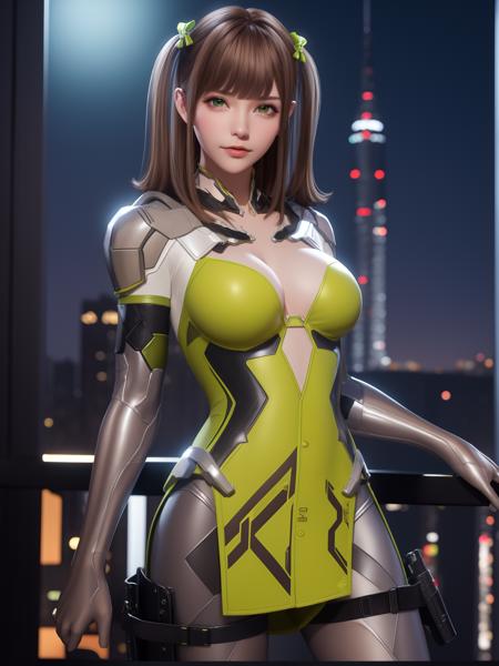 CFqingyaLHWZ, 1girl, solo, brown hair, green eyes, breasts, bodysuit,looking at viewer, lips, medium breasts, twintails, bangs,thigh holster,hair bow, <lora:CFqingyaLHWZ:0.75>,cityscape, night, mature female,