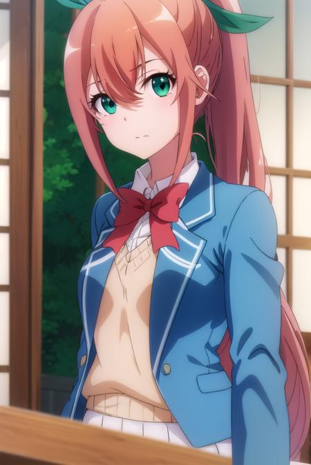 fruitofevolutionlulune, <lora:fruitofevolution lulune s2-lora-nochekaiser:1>,
lulune, long hair, brown hair, ribbon, (green eyes:1.3), hair ribbon, ponytail,
BREAK skirt, bow, school uniform, jacket, blazer,
BREAK indoors, classroom,
BREAK looking at viewer,
BREAK <lyco:GoodHands-beta2:1>, (masterpiece:1.2), best quality, high resolution, unity 8k wallpaper, (illustration:0.8), (beautiful detailed eyes:1.6), extremely detailed face, perfect lighting, extremely detailed CG, (perfect hands, perfect anatomy),