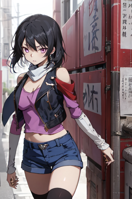 AyanoKosaka, 1girl, black hair, short hair, pink eyes, scarf, cropped jacket, bare shoulders, pink shirt, detached sleeves, blue shorts, thighhighs 